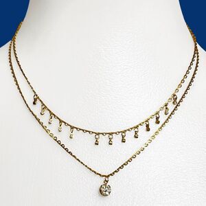 Avon Necklace Layered Chain Gold Tone Dainty Dangle Rhinestone Fringe Tiered